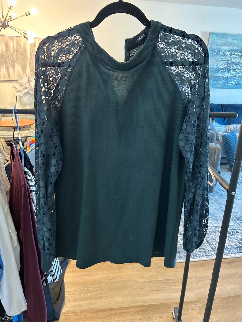 Amazon Women's Dark Green Lace-Sleeve Long Sleeve Top